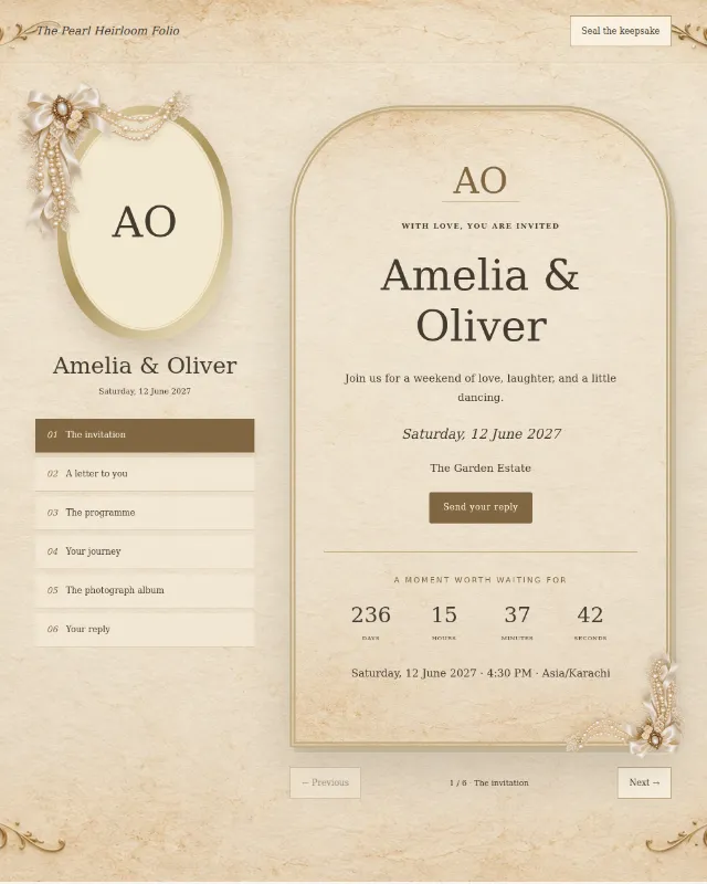 The Pearl Heirloom Folio invitation design